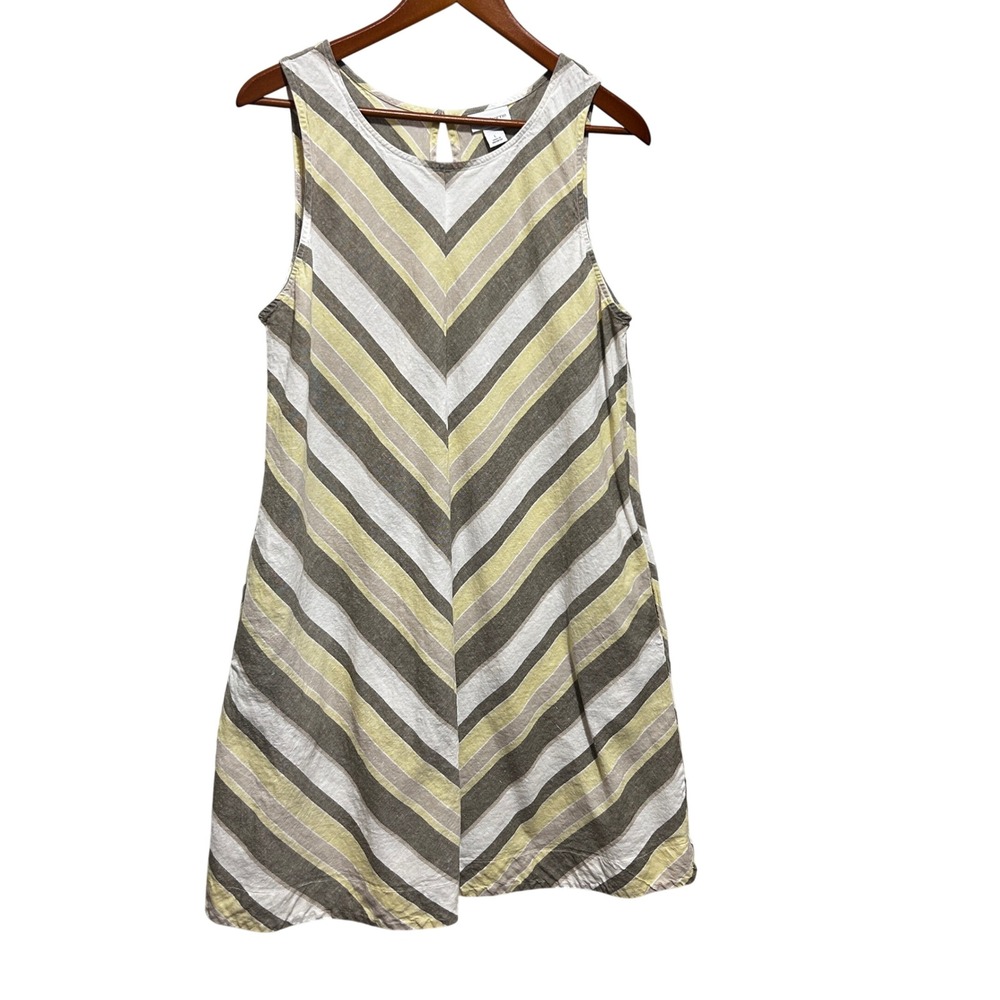 Loft Women Shift Dress‎ L Yellow Gray Chevron Linen Blend Preppy Coastal Resort